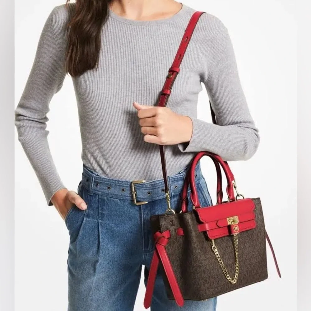 NWT - Michael Kors Hamilton Legacy Sm Logo Belted Satchel, Crimson/Brown - Picture 2 of 11